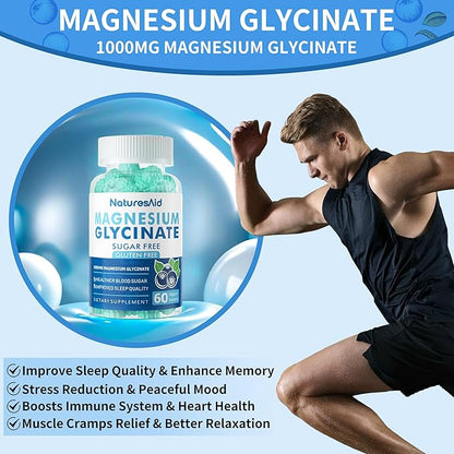 Magnesium Glycinate Gummies 1000mg - Sugar Free Magnesium Potassium Supplement with Vitamin D, B6, CoQ10 for Calm Mood & Sleep Support - 60 Blueberry Gummies -1 Pack