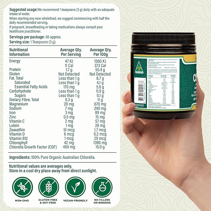 Organic Chlorella, Australian | Advanced BioDynamic Cracked Cell Wall | Chlorophyll-Rich, Vitamins, Minerals, CGF | Supports Good Health, Wellbeing | 200g Powder