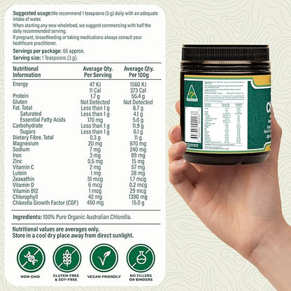 Organic Chlorella, Australian | Advanced BioDynamic Cracked Cell Wall | Chlorophyll-Rich, Vitamins, Minerals, CGF | Supports Good Health, Wellbeing | 200g Powder