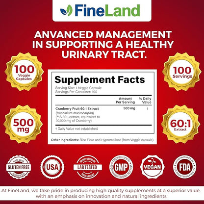 FineLand Cranberry Extract 60:1 (30,000mg Equivalent) - High Potency Urinary Tract Support - 100 Vegan Capsules, 3-Month Supply - Non-GMO, Gluten-Free, USA Made