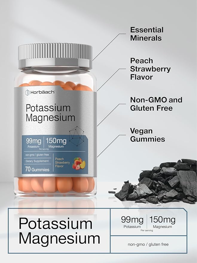 Horbäach Potassium Magnesium Supplement Gummies | Peach Strawberry Flavor | 70 Count | Vegan, Non-GMO, and Gluten Free Formula