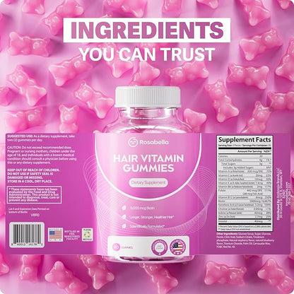 Rosabella Hair Growth Gummies for Women & Men – Vegan Hair Gummies with 5000mcg Biotin – Hair Vitamins for Strong, Healthy-Looking Hair – Gummy Biotin Supplement – 60 Count