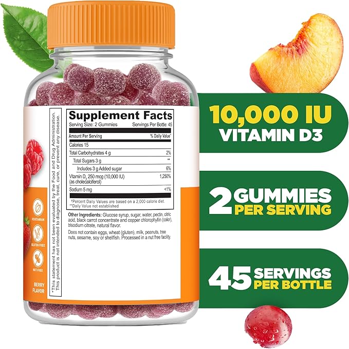 Lifeable Vitamin D3 10000IU | Great Tasting Bone Strength Supplements | Vitamin D3 Gummies for Bone Health | Vitamin D Gummies for Adults, Men, Women | 90 Gummies