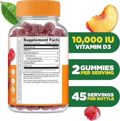 Lifeable Vitamin D3 10000IU | Great Tasting Bone Strength Supplements | Vitamin D3 Gummies for Bone Health | Vitamin D Gummies for Adults, Men, Women | 90 Gummies