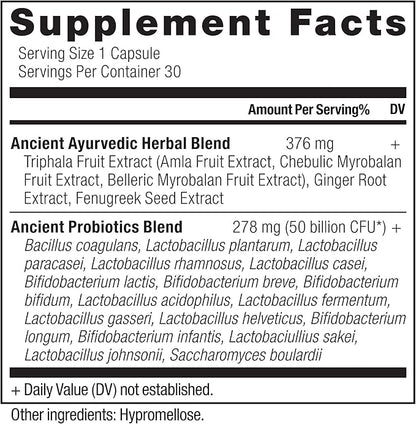 Ancient Nutrition Probiotics, Ultimate with Turmeric, Ginger and Fenugreek, Supports Digestive Functions, Reduces Diarrhea, Constipation, Bloating, Superfoods Blend, 50 Billion CFUs*, 30 Capsules