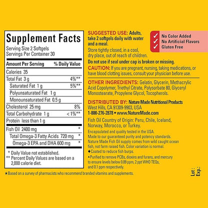 Nature Made Burp Less Fish Oil Omega 3 Supplements, 1200 mg Softgels, EPA DHA Omega 3 Fish Oil Supplements for Healthy Heart Support, 60 Softgels, 30 Day Supply