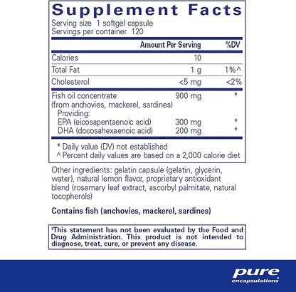 Pure Encapsulations EPA/DHA with Lemon | Ultra-Pure, Molecularly Distilled Fish Oil Concentrate with Lemon | 120 Softgel Capsules