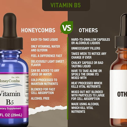 HoneyCombs Vitamin B5 Pantothenic Acid Supplement Liquid Drops - High Potency Vitamin B5 for Men & Women - Maintain Healthy Hormones, Immune System, Hair, Skin, Nails - Vegan Liquid Vitamins (1 Fl oz)