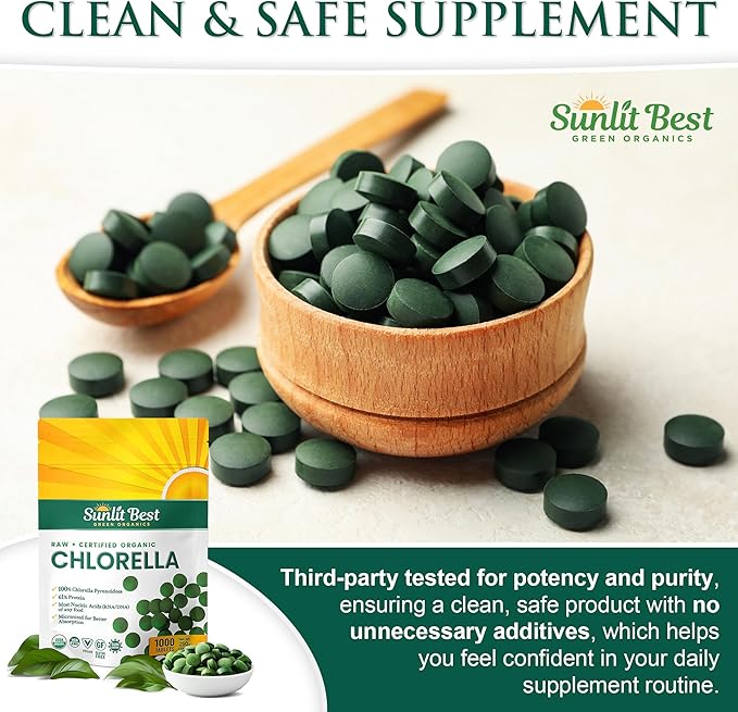 Sunlit Best USDA Organic Premium Chlorella Tablets 1000 Count | 100% Pure Chlorella Superfood Supplement High in Protein, Chlorophyll, Vitamins, & Minerals | Supports Good Health, Wellbeing