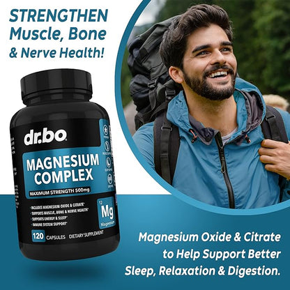 Magnesium Complex Supplement Capsules 500mg - Support Energy, Relaxation, Leg Cramps & Legs - Help Aid Muscle Support Supplements - High Absorption Premium Mag Citrate Oxide - 120 Capsules