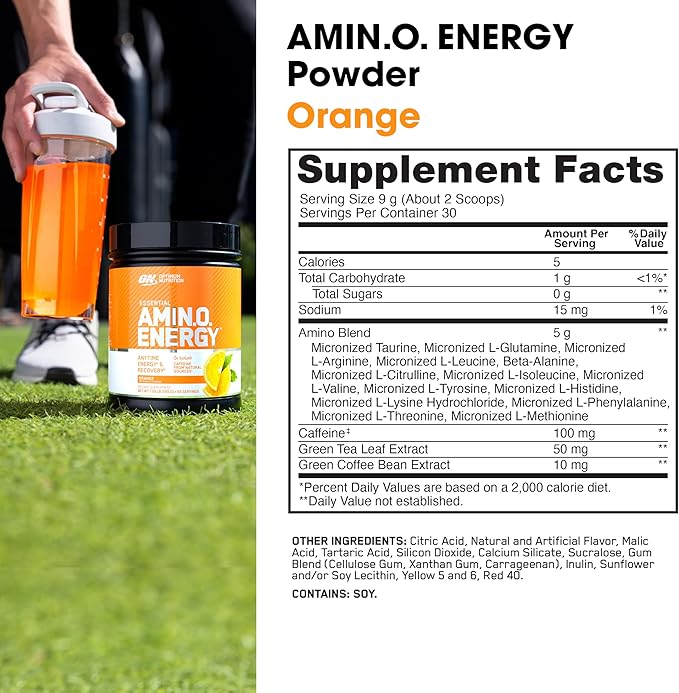 Optimum Nutrition Amino Energy - Pre Workout with Green Tea, BCAA, Amino Acids, Keto Friendly, Green Coffee Extract, Energy Powder - Orange Cooler, 30 Servings (Packaging May Vary)