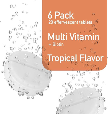 Effervescent Multivitamins + Biotin for Wellness and Vitality Dietary Supplement with Vitamins C, E, B1, B2 B6, B12, A, and D3, 6-Pack, 120 Tablets
