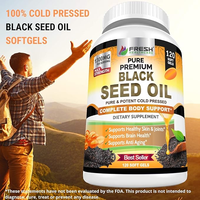 FRESH HEALTHCARE Black Seed Oil Capsules Cold Pressed 1300mg - 100% Pure Non-GMO Nigella Sativa - Immune & Joint Support - Premium Softgel Supplement