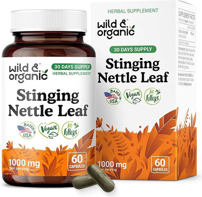Wild & Organic Stinging Nettle Leaf Capsules - 1000 mg Stinging Nettle Extract for Urinary Support - 60 Vegan Herb Capsules - 30 Days Supply - Non-GMO, Gluten-Free, No Fillers