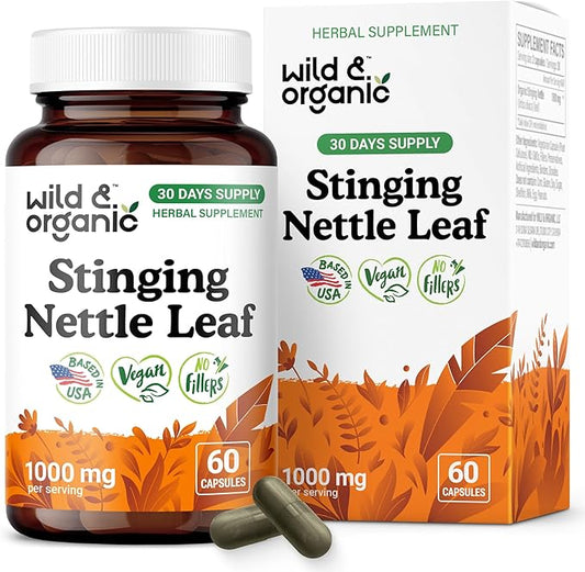 Wild & Organic Stinging Nettle Leaf Capsules - 1000 mg Stinging Nettle Extract for Urinary Support - 60 Vegan Herb Capsules - 30 Days Supply - Non-GMO, Gluten-Free, No Fillers