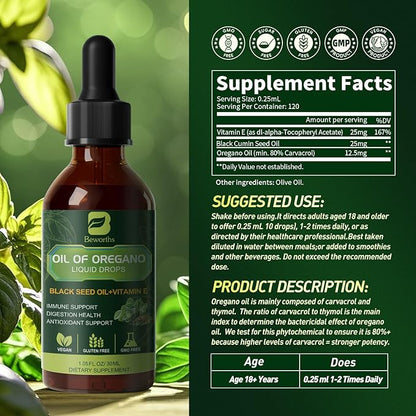 Oregano Oil Drops, Oil of Oregano with Black Seed Oil, Vitamin E, Oregano Supplement Herbal Blend for Immune & Antioxidant Support, Digestive, Overall Health | Vegan, Sugar-Free, Non-GMO, 1 Fl Oz