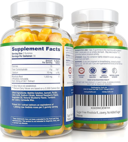 Purify Life Sugar-Free Rhodiola Rosea Gummies (1500mg/Serving) Cortisol Detox & Adrenal Support Supplement - Adaptogenic Rhodiola for Mood, Motivation, Stamina & Performance, Non-GMO, 60 Vegan Chews