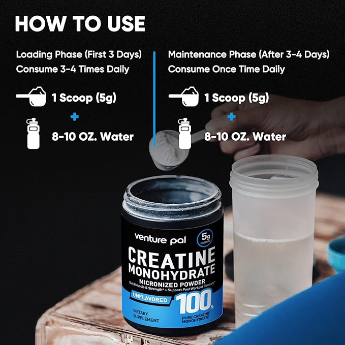 Venture Pal Micronized Creatine Monohydrate Powder – Unflavored Creatine for Women & Men, Creatina Monohidratada en Polvo