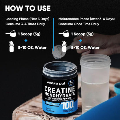 Venture Pal Micronized Creatine Monohydrate Powder – Unflavored Creatine for Women & Men, Creatina Monohidratada en Polvo