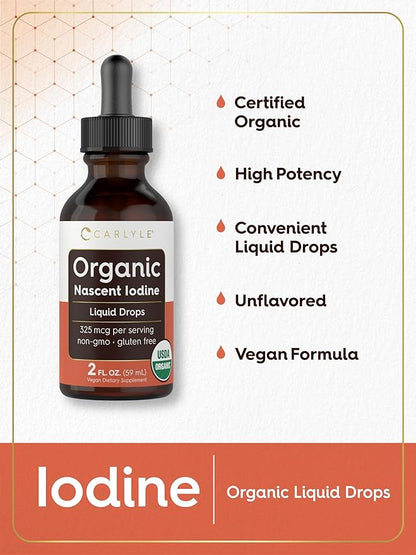 Carlyle Organic Nascent Iodine Liquid Drops | 2 fl oz | Vegan Supplement | Non-GMO, Gluten Free