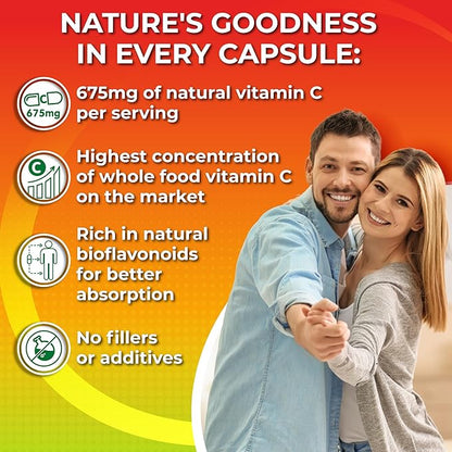 Whole Food Vitamin C Complex - 1450mg Organic Berries - 675 mg Vitamin C per Serving, High-Potency Antioxidant & Immune Support with Acerola, Amla and Natural Bioflavonoids - Vegan, Non-GMO, 120 Count