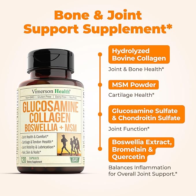 Glucosamine Chondroitin MSM with Collagen Powder. Joint Support Supplement. Bromelain, Quercetin, L-Methionine & Boswellia Extract capsules. Joint Supplement + Hair Skin and Nails Vitamins. 2 Pack