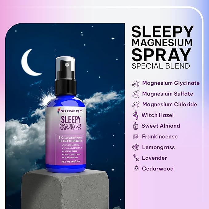 Sleepy Magnesium Spray Triple Magnesium Power: All Natural Magnesium Chloride, Glycinate, Sulfate - 4oz