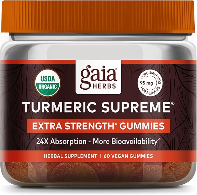 Gaia Herbs Turmeric Supreme Extra Strength Gummies - Supports Swelling Relief to Help Maintain an Active Lifestyle - Lemon Ginger Flavor - 60 Vegan Organic Gummies (20-Day Supply)
