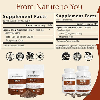 Real Mushrooms Reishi Capsules - Organic Mushroom Extract Supplement with Potent Red for Longevity, Mood, Sleep, Immune Support Vegan Supplement, Non-GMO, 200 Caps
