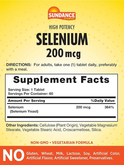 Sundance Selenium 200mcg | 60 Tablets | High Potency Formula | Vegetarian, Non-GMO, and Gluten Free Essential Mineral Supplement