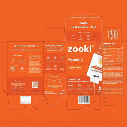 YourZooki Liposomal Vitamin C Zooki 1000mg Liquid Sachets - Alchohol Free, Vegan, Soy Free, Natural Ingredients - Immune System, Skin & Energy Support (Citrus Orange, 30 Count (Pack of 1))