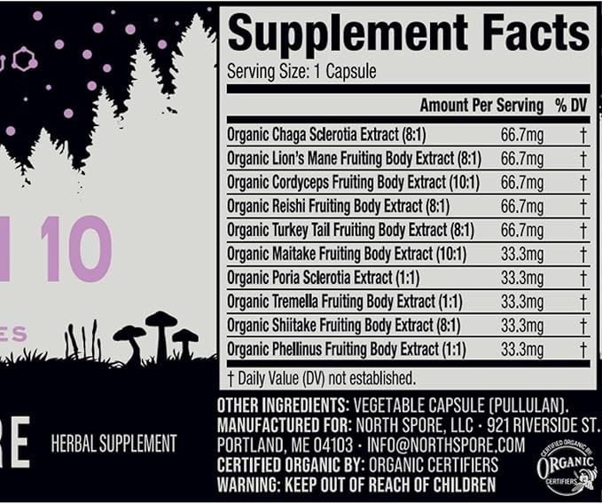 North Spore Organic 'Spectrum 10' High Potency Mushroom Capsules | Cognitive Supplement | Lion's Mane, Chaga, Cordyceps, Reishi, Turkey Tail | 10 Medicinal Mushrooms | Energy, Focus, Clarity - 60ct