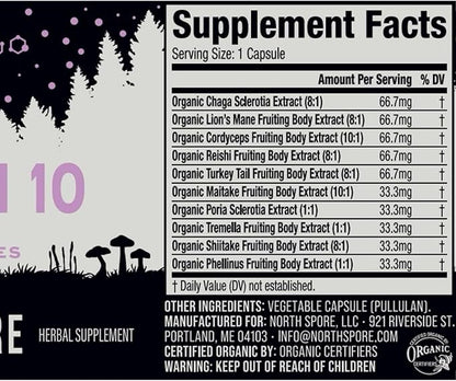 North Spore Organic 'Spectrum 10' High Potency Mushroom Capsules | Cognitive Supplement | Lion's Mane, Chaga, Cordyceps, Reishi, Turkey Tail | 10 Medicinal Mushrooms | Energy, Focus, Clarity - 60ct
