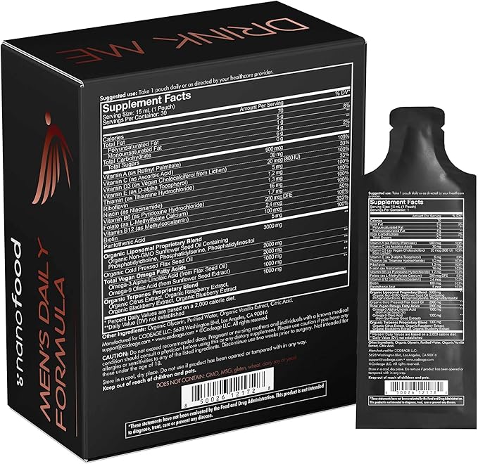 Codeage Daily Men Liquid Vitamins Supplement - Liposomal Multivitamin A, B, C, D, E, Biotin, Omega-3 & Omega-9 - Folate, Niacin, BlackBerry, Vegan - Sugar-Free & Non-GMO - 30 Pouches