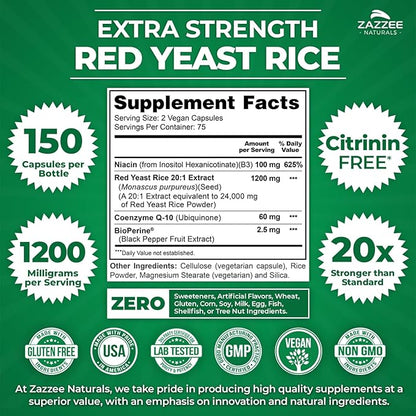 Zazzee Red Yeast Rice 1200 mg with CoQ10, 150 Vegan Capsules, Extra Strength 20:1 Extract, Citrinin Free, Supports Cardiovascular and Blood Circulation Health, All-Natural, Non-GMO, Made in The USA
