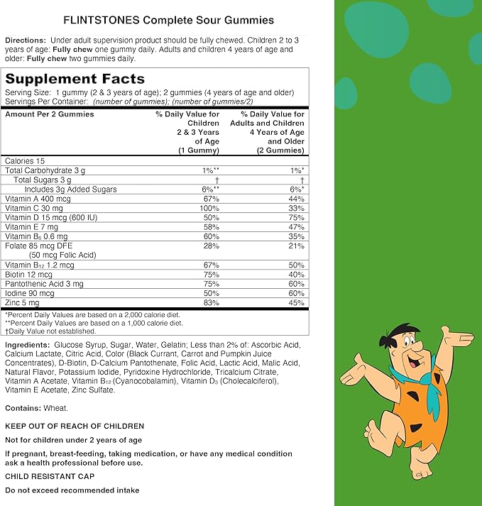 Flintstones Sour Gummy Vitamins For Kids, Kids Multivitamin Gummies with Vitamins C, B6, B12, A & Vitamin D, Support Kids Growth and Development, 180 Count