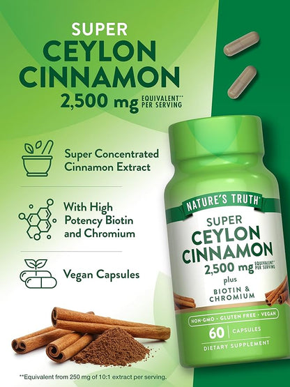 Nature's Truth Ceylon Cinnamon Capsules | 2500mg | plus Chromium and Biotin | 60 Count | Vegan, Non-GMO & Gluten Free Supplement