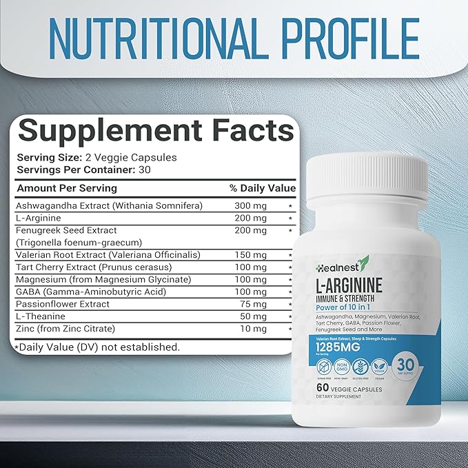 L-Arginine Capsules - 1285MG Blend of Ashwagandha, L-Theanine, Magnesium, GABA, Zinc & Tart Cherry – Muscle Recovery, Sleep & Mood Support – Non-GMO, Gluten-Free, 60 Veggie Capsules For Men And Women