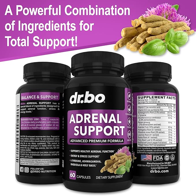 Adrenal Support Cortisol Manager Supplement - Adrenal Fatigue Supplements for Women & Men with Natural Adaptogen Ashwagandha Holy Basil Rhodiola L Tyrosine Complex Fatigue Cortisol Health - 60 Pills