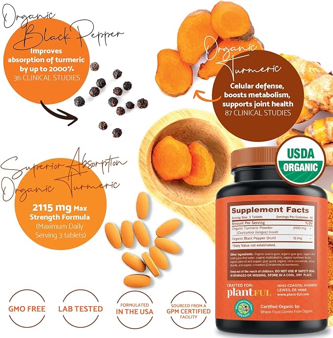 Organic Turmeric Supplement with Black Pepper Highest Potency USDA Certified [Non-GMO Organic Curcumin 2115mg] Antioxidant Joint & Immune Support 120 Tablets