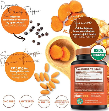 Organic Turmeric Supplement with Black Pepper Highest Potency USDA Certified [Non-GMO Organic Curcumin 2115mg] Antioxidant Joint & Immune Support 120 Tablets