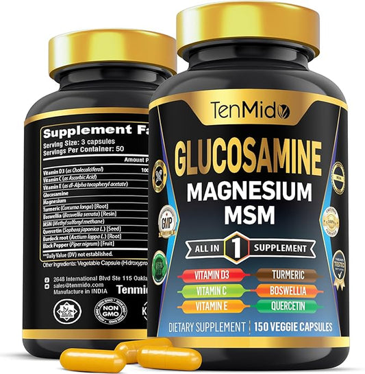 Glucosamine MSM Supplement for Men and Women - 11in1 Formula - Combine with Magnesium, Turmeric, Boswellia, Quercetin, Burdock Root, and More | Joint & Mobility Support - 150 Capsules