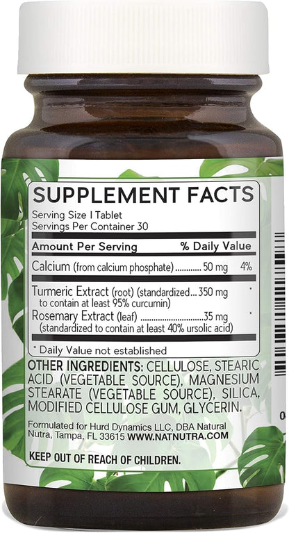 Natural Nutra Turmeric Curcumin with 95% Curcuminoids Extract Supplement with Rosemary for Brain Health, Enhances Memory and Improves Concentration, Improve Digestion 350 mg, 30 Vegan Tablets