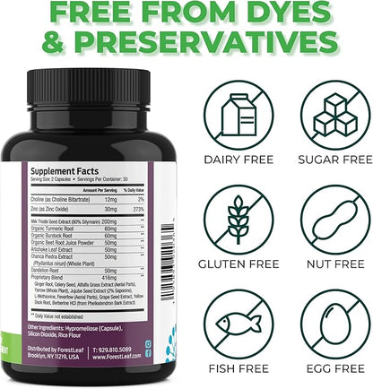 Liver Cleanse Detox & Repair - Fatty Liver Repair Detox Complex Supplement w/Choline, Zinc, Milk Thistle, Dandelion Root, Turmeric, Burdock, Artichoke - Liver Support Supplement | 60 Caps