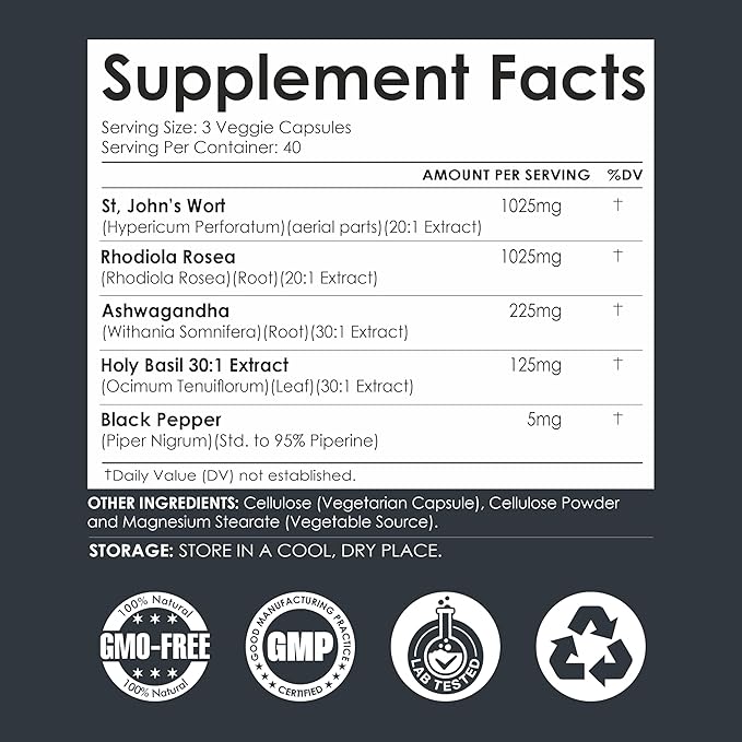 St Johns Wort Rhodiola Rosea Holy Basil Ashwagandha - Mood Support for Women and Men with Vitamin C & Black Pepper Extract - 120 Caps