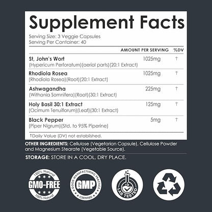 St Johns Wort Rhodiola Rosea Holy Basil Ashwagandha - Mood Support for Women and Men with Vitamin C & Black Pepper Extract - 120 Caps