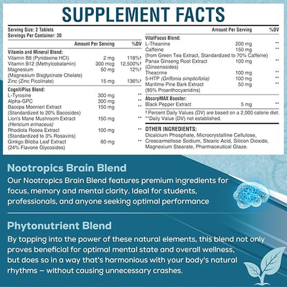 17-in-1 Brain Supplement for Memory and Focus | Natural Nootropics Brain Supplement for Brain Cognition, Energy | High Absorption | L-Theanine, Phytonutrient Blend and Vitamins B6, B12 | 60 Tablets