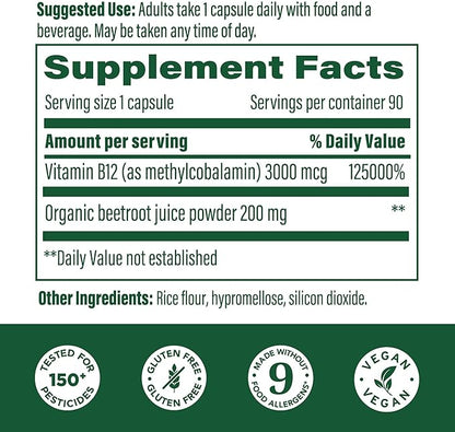 MegaFood Extra Strength Methyl B12 Vitamins, Bioavailable Vitamin B12 3000mcg Per Serving, Supports Energy Metabolism & Nervous System Health, Beet Root, Vegan, Gluten Free, 90 Capsules, 90 Servings