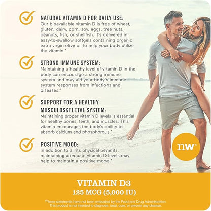 NatureWise Vitamin D3 5000iu (125 mcg) 200-Day Supply for Immune Support, Healthy Muscle Function, and Bone Health - Non-GMO, Gluten Free in Organic Extra Virgin Olive Oil, (Mini Softgel), 200 Count
