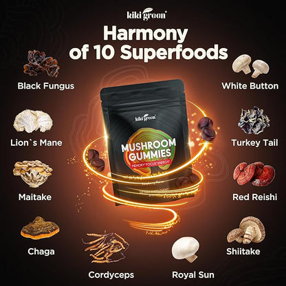 KIKI Green Mushroom Gummies with Lion's Mane and 9 Adaptogen Superfoods Blend - Chaga, Red Reishi, Cordyceps, Shiitake, Black Fungus | 60 Count, 10:1 Extract